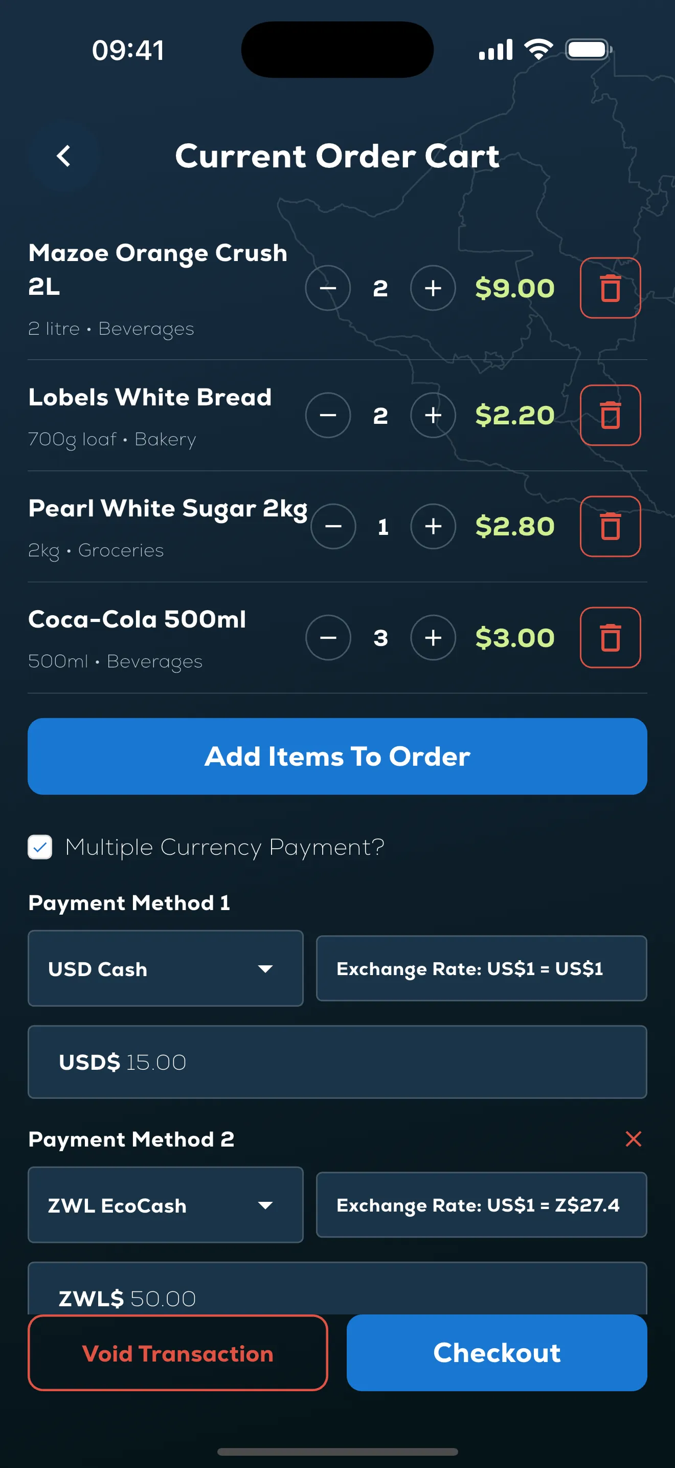 The current order cart in Perigee with items and a split US dollar and EcoCash payment
