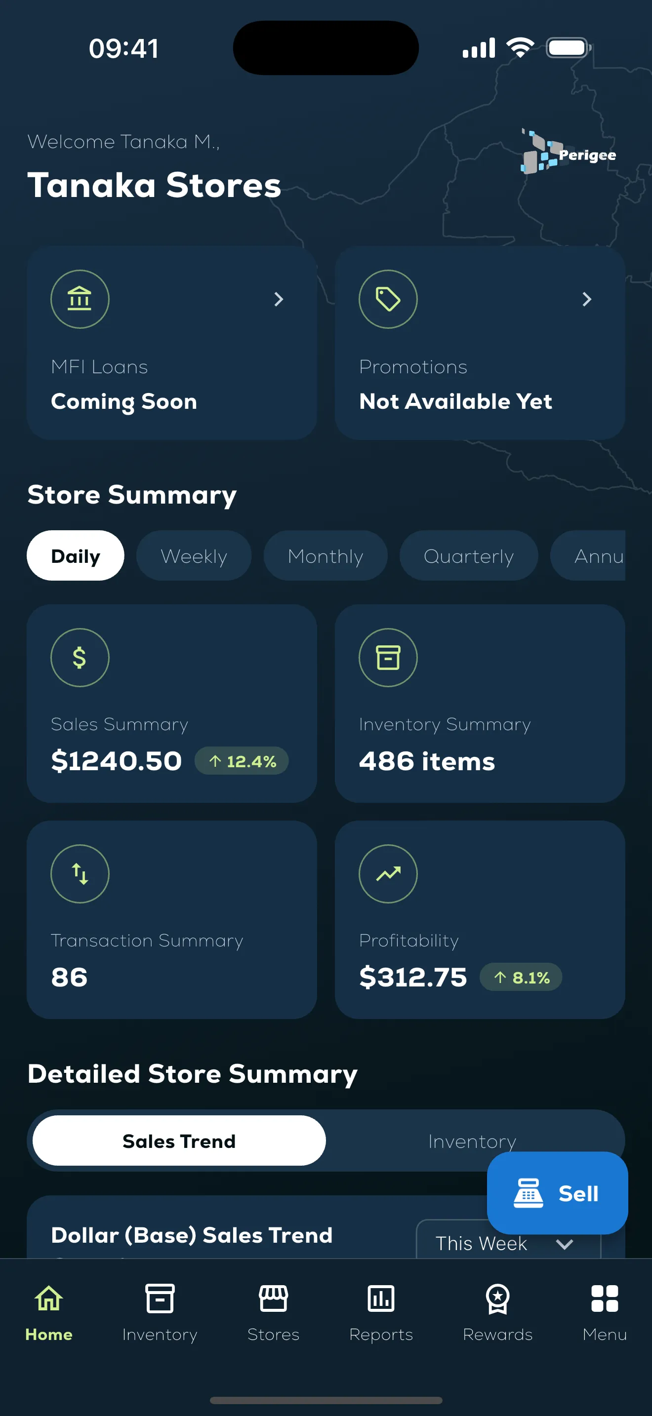 The Perigee home screen for Tanaka Stores showing today's sales, inventory and profit