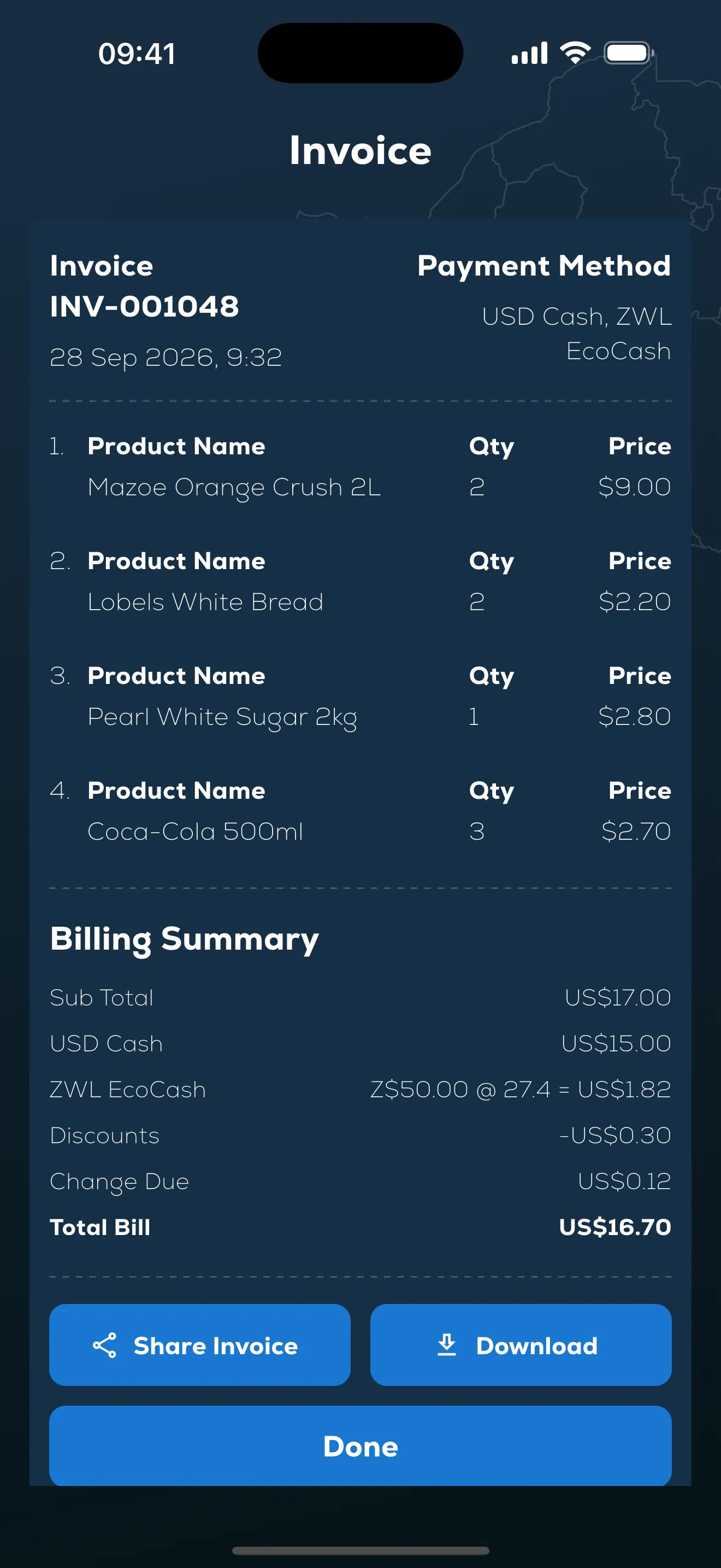 A Perigee invoice for a sale paid in US dollars and ZWL via EcoCash