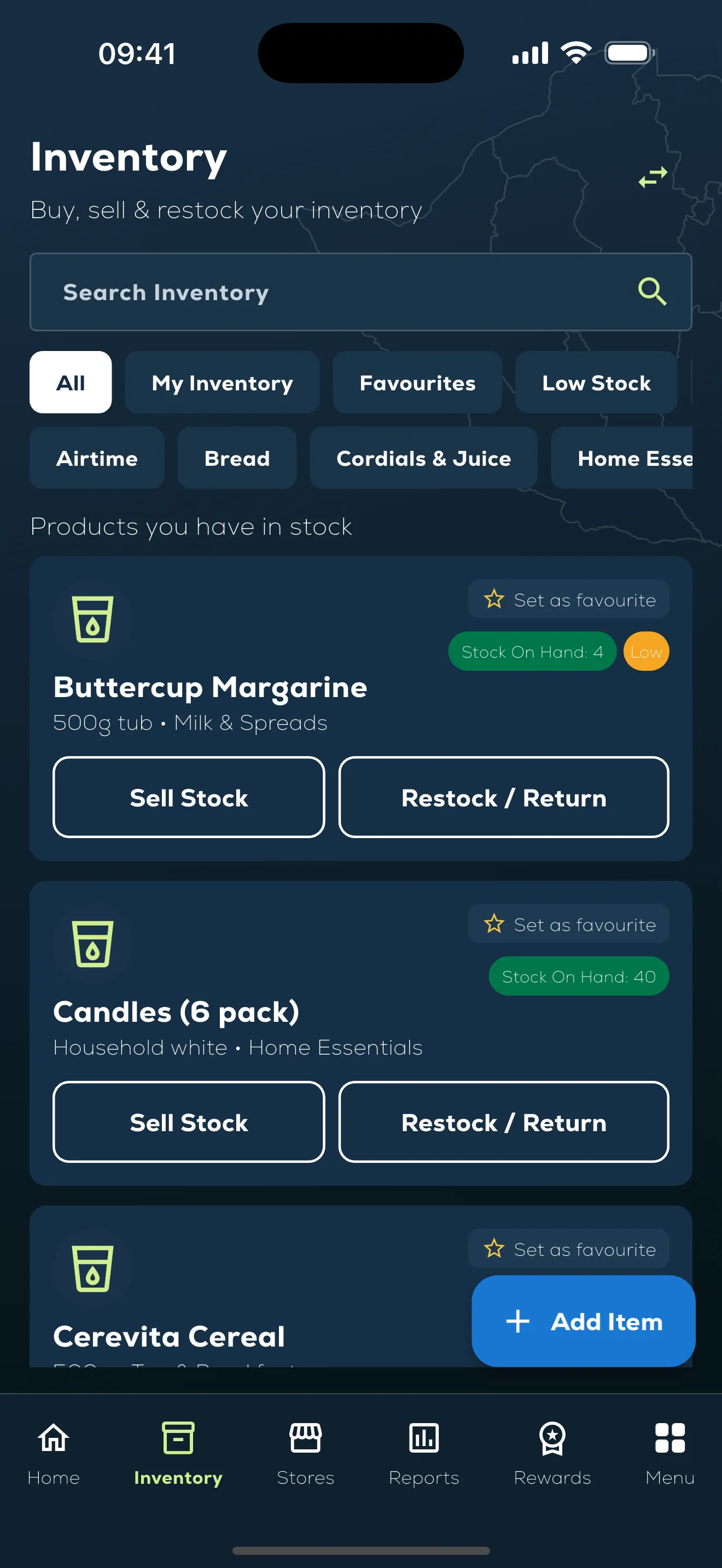 The Perigee inventory list with stock on hand and a low-stock warning
